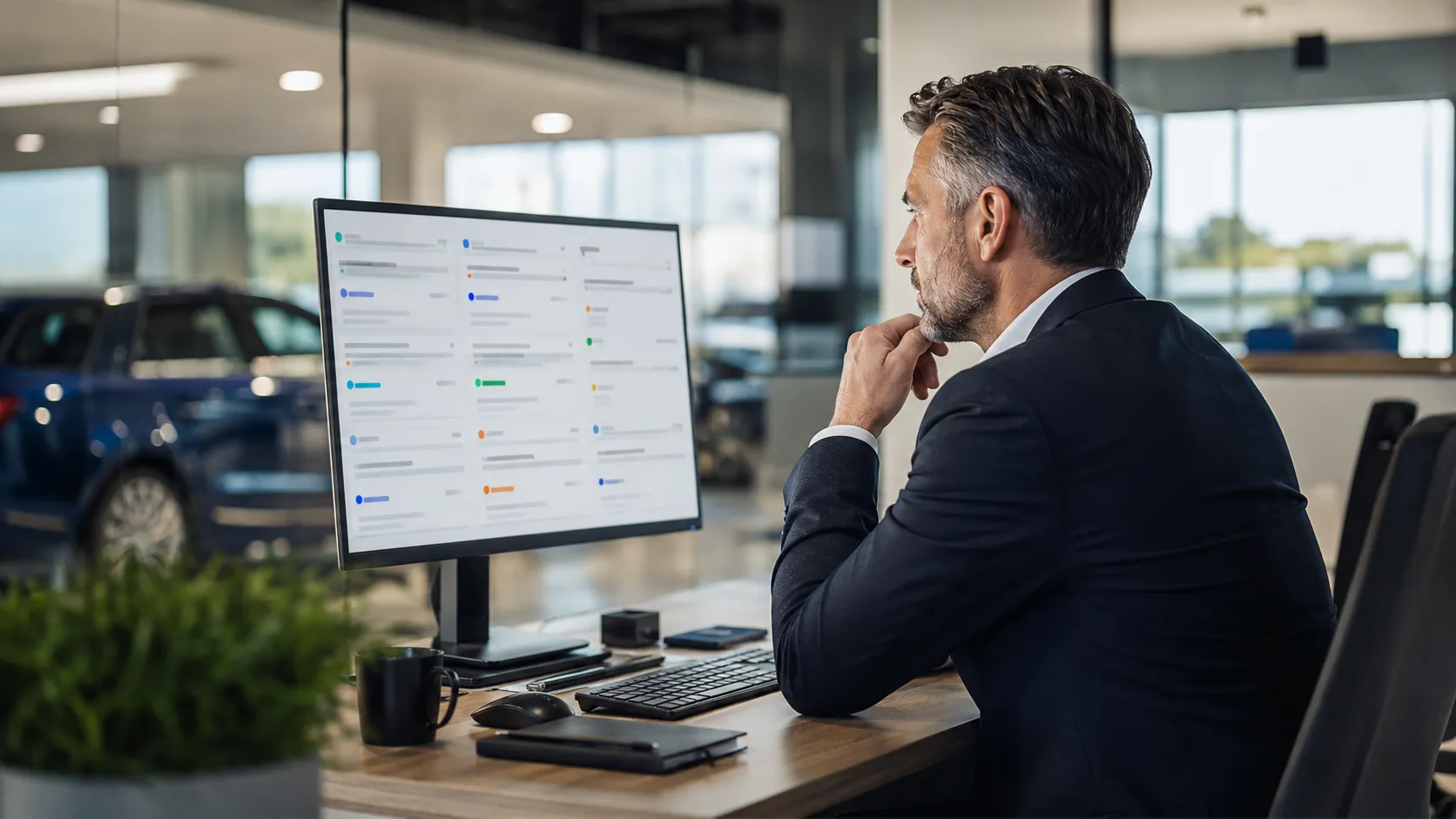 A sales manager reviews a board of incoming buyer agreements on a desktop monitor in a modern dealership office.