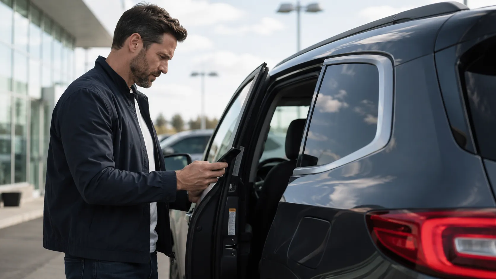 A buyer checks the VIN sticker in a car's door jamb against their phone outside a dealership.